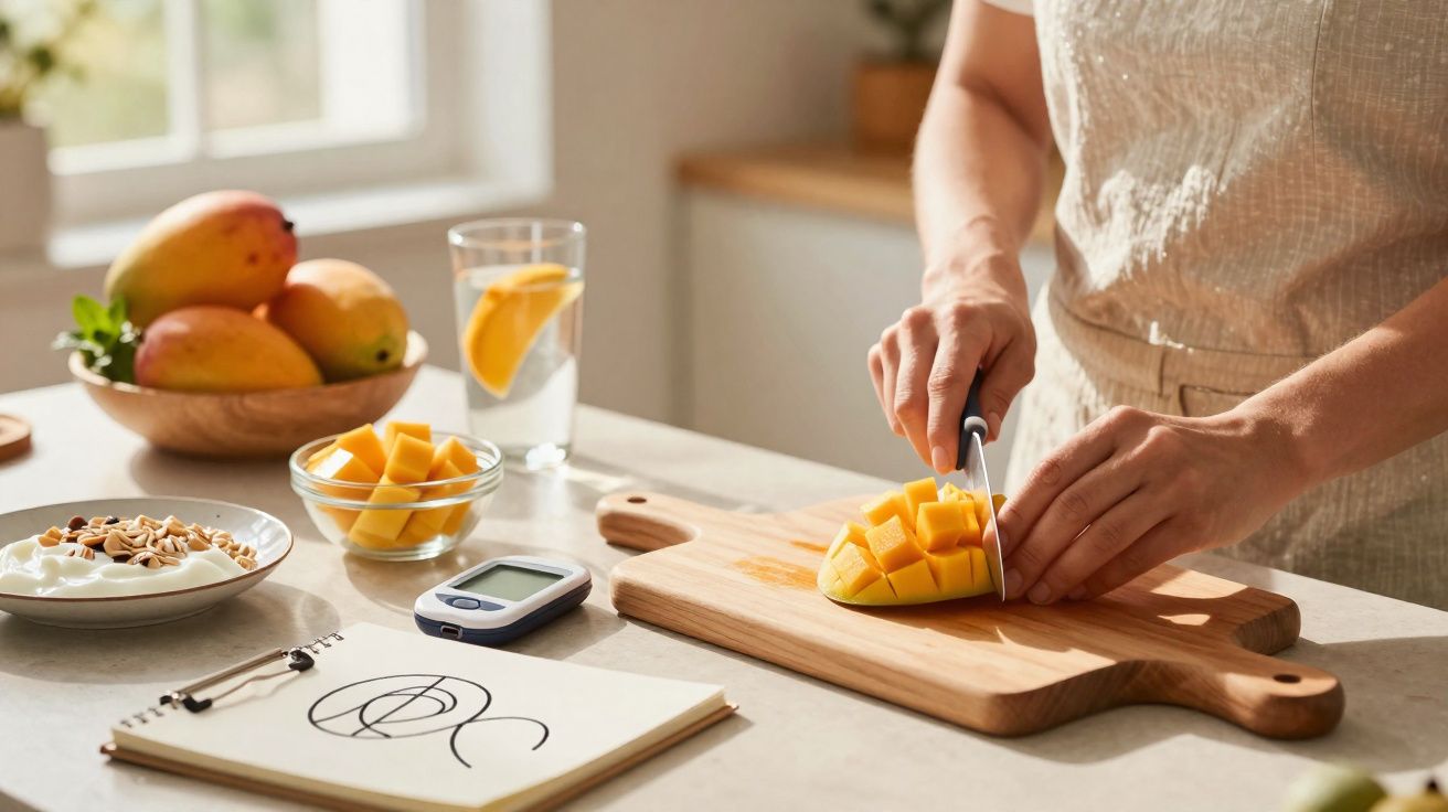 Pessoa a cortar manga em cubos numa tábua de cozinha com frutos e medidor de glicose à volta.