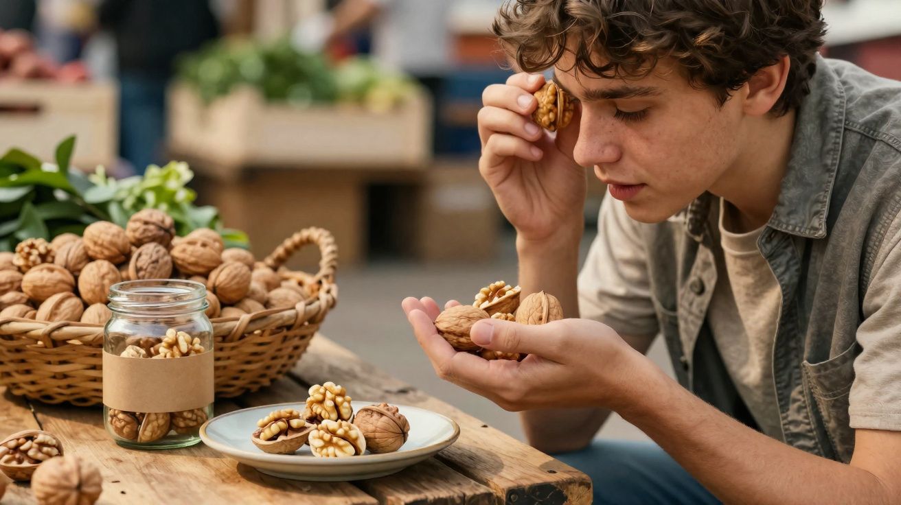 Jovem a cheirar noz partida perto de cesto e frascos com nozes sobre mesa de madeira.