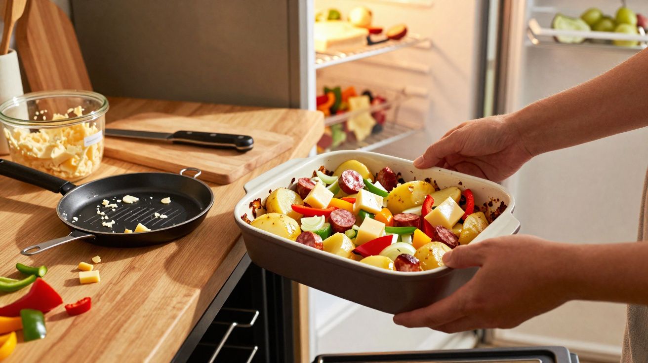 Pessoa a colocar tabuleiro com batatas, chouriço e legumes numa cozinha com frigorífico aberto ao fundo.