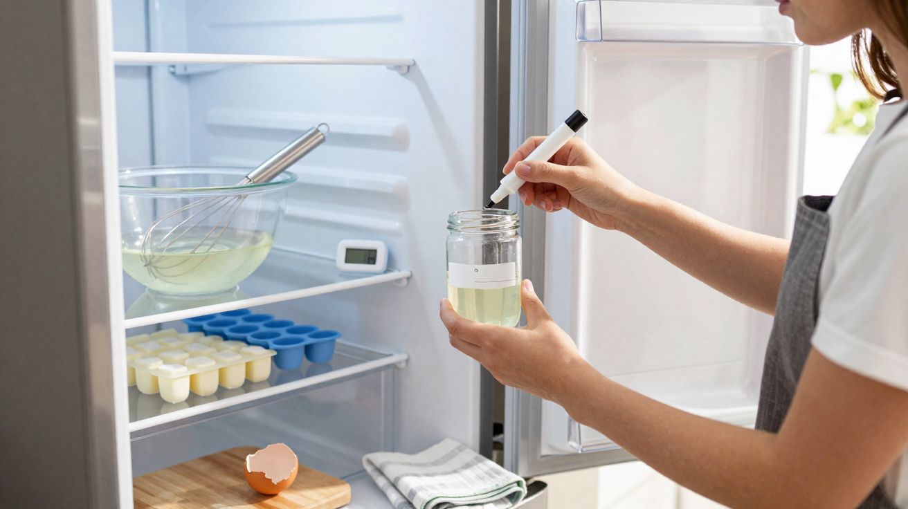 Pessoa a escrever num frasco com líquido dentro de um frigorífico aberto, utensílios de cozinha ao fundo.