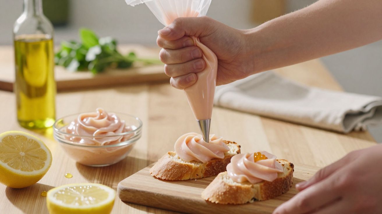 Mãos a usar saco de pasteleiro para colocar creme cor de rosa em fatias de pão numa tábua de madeira.