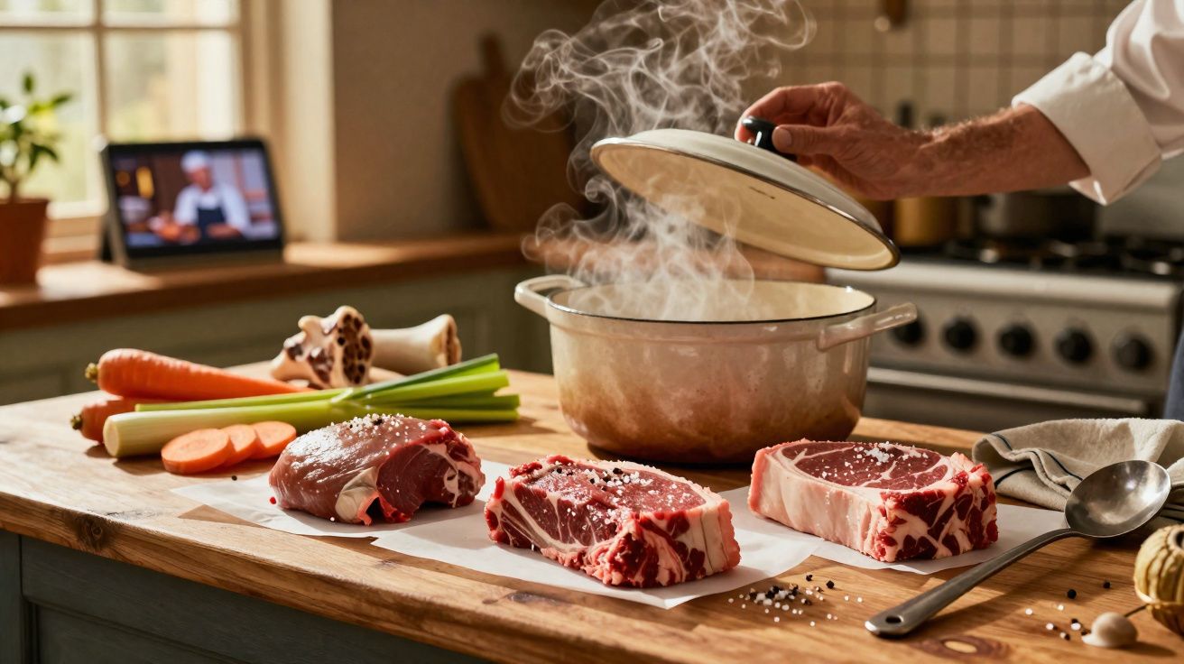 Mão a levantar tampa de panela com vapor, carne crua, cenoura, aipo e temperos numa bancada de cozinha.