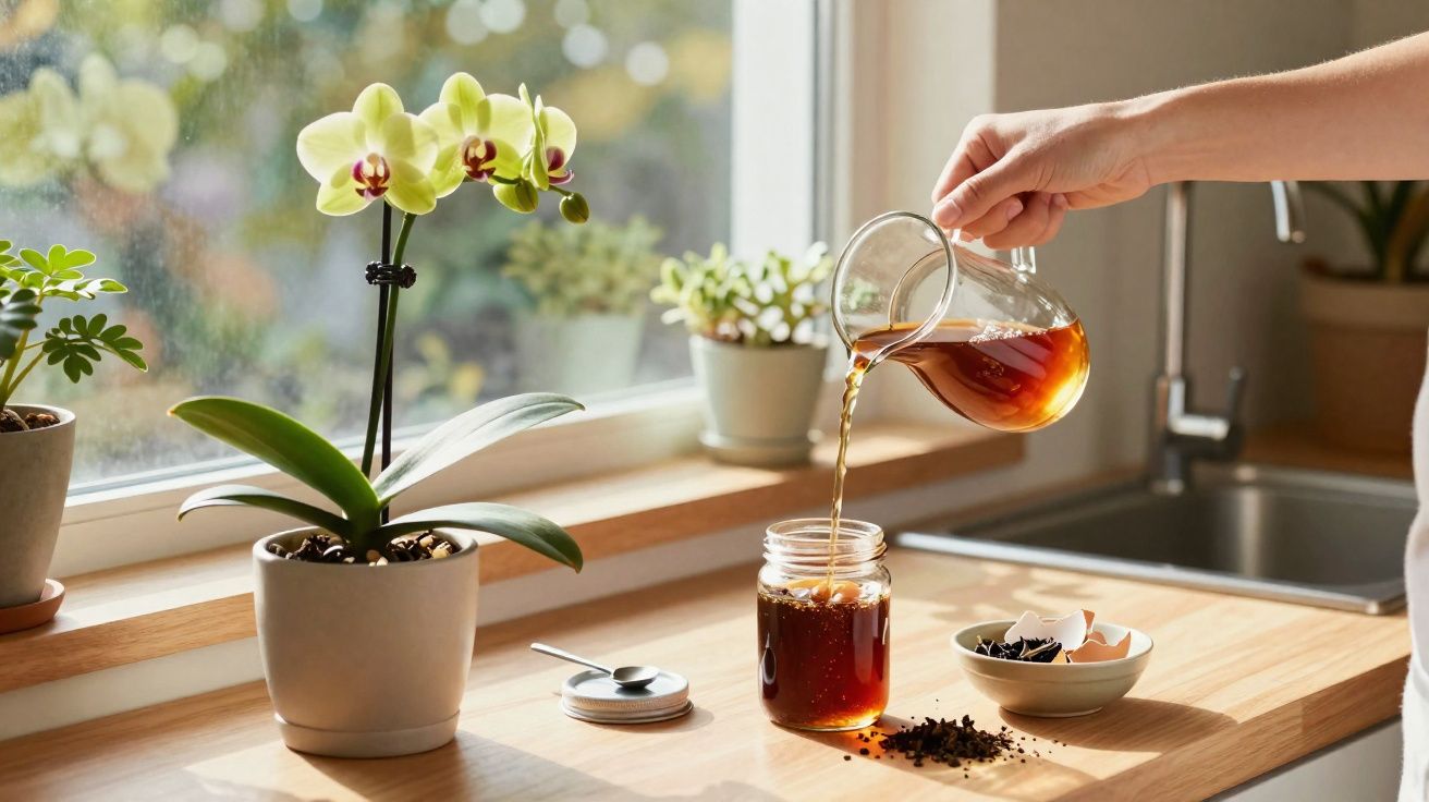 Pessoa a verter chá em jarro de vidro junto a orquídea e mais plantas numa cozinha iluminada pela janela.