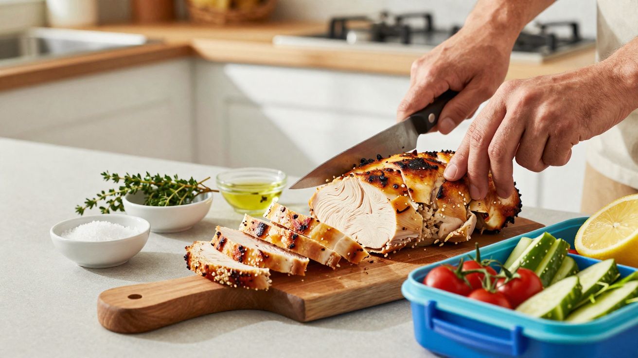 Pessoa a cortar peito de frango assado numa tábua com temperos e vegetais frescos ao lado.