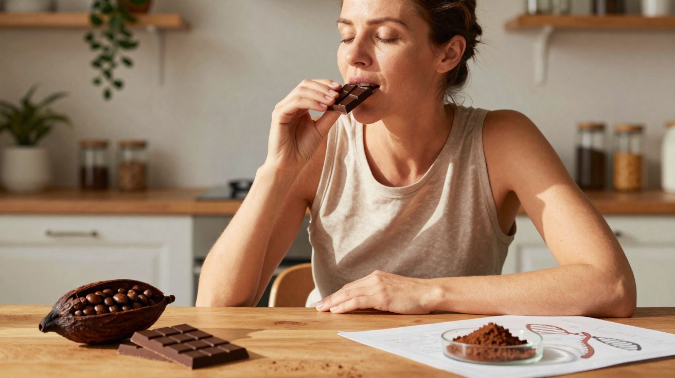 Mulher a saborear pedaço de chocolate numa cozinha com barra de chocolate e cacau em pó sobre a mesa.
