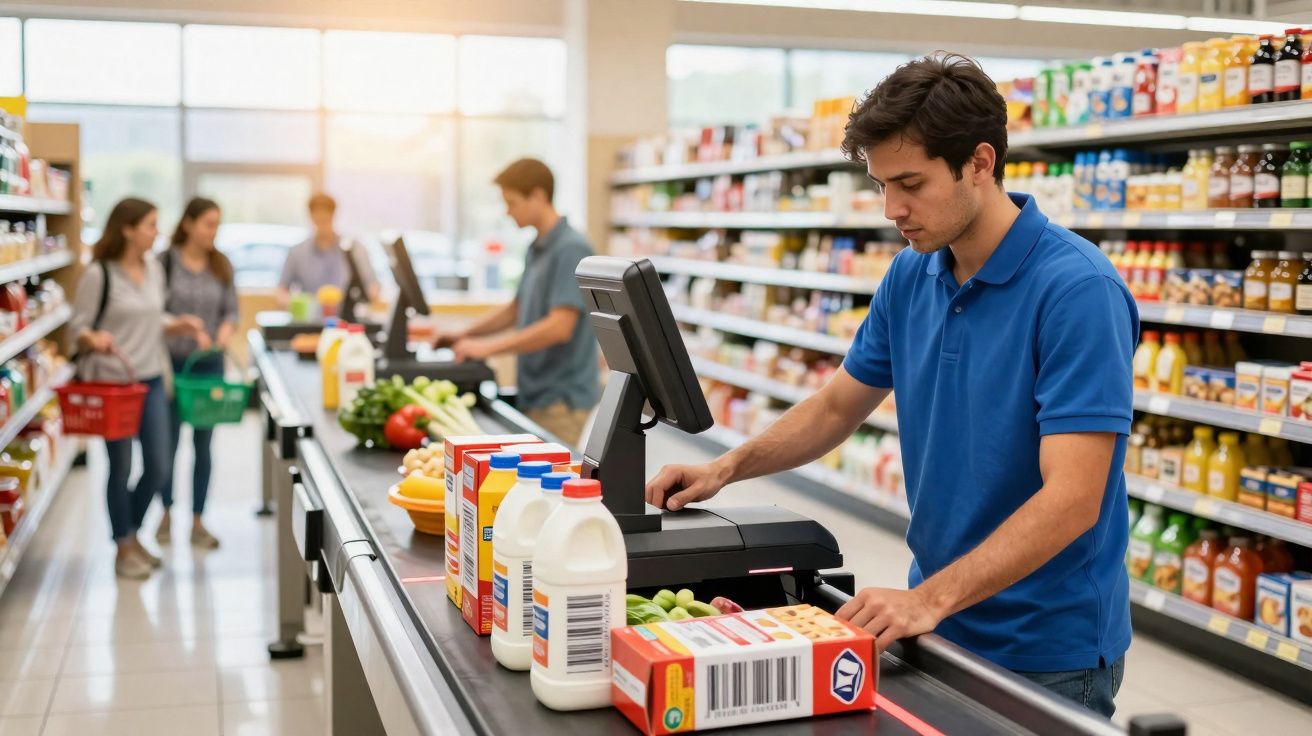 Jovem no caixa de supermercado a passar os produtos no leitor de código de barras.