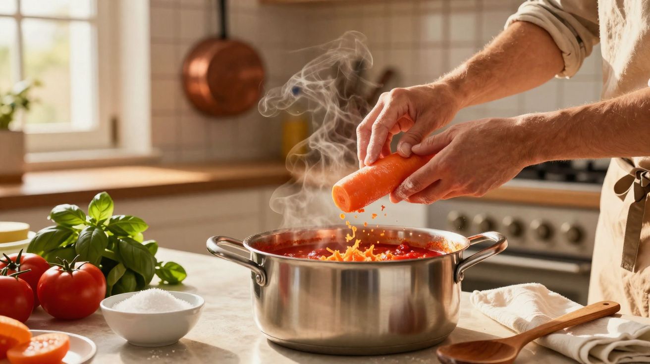 Mãos a ralar cenoura sobre panela de molho vermelho fumegante numa cozinha iluminada.