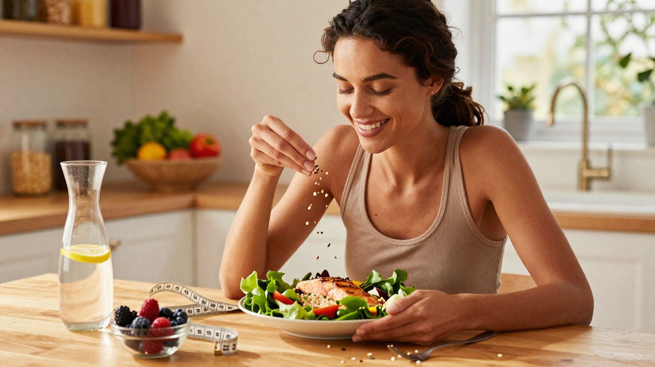 Mulher sorridente tempera salada com sementes numa cozinha iluminada e moderna.