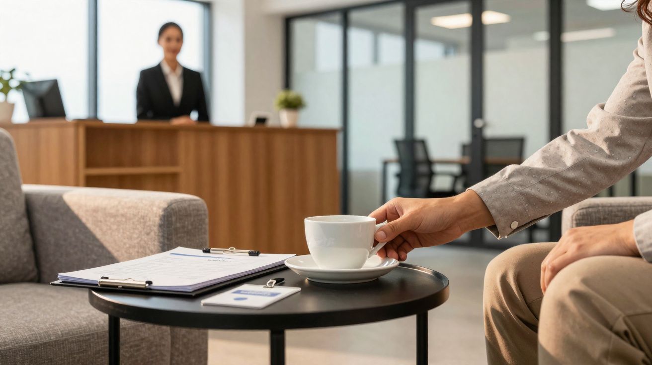 Pessoa a apanhar chávena de café numa sala de espera de escritório com secretária e funcionária ao fundo.