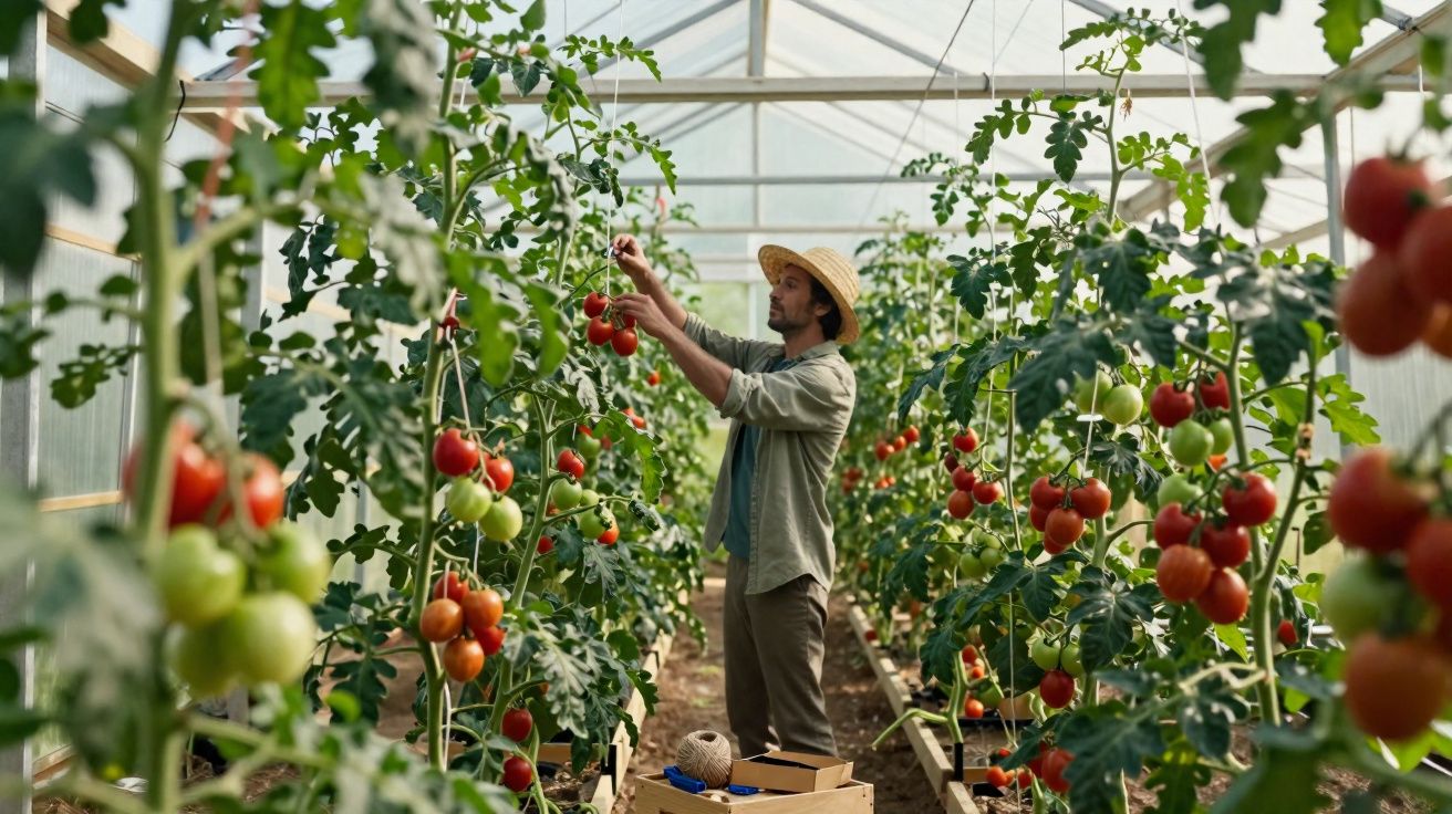 Homem com chapéu colhendo tomates maduros numa estufa com várias plantas de tomate.