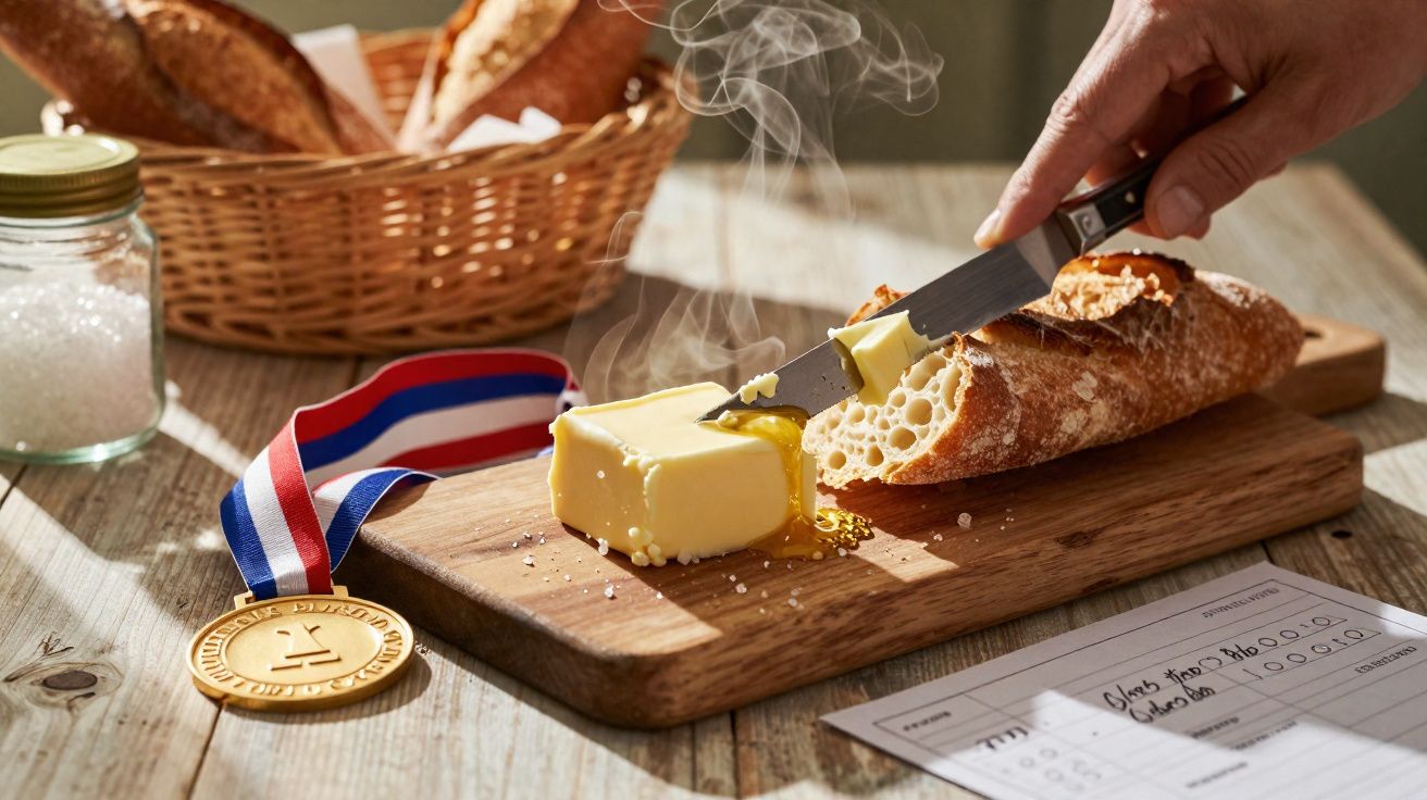 Pão cortado com manteiga derretida, medalha de ouro, cesta de pão e ficha de pontuação numa mesa de madeira.