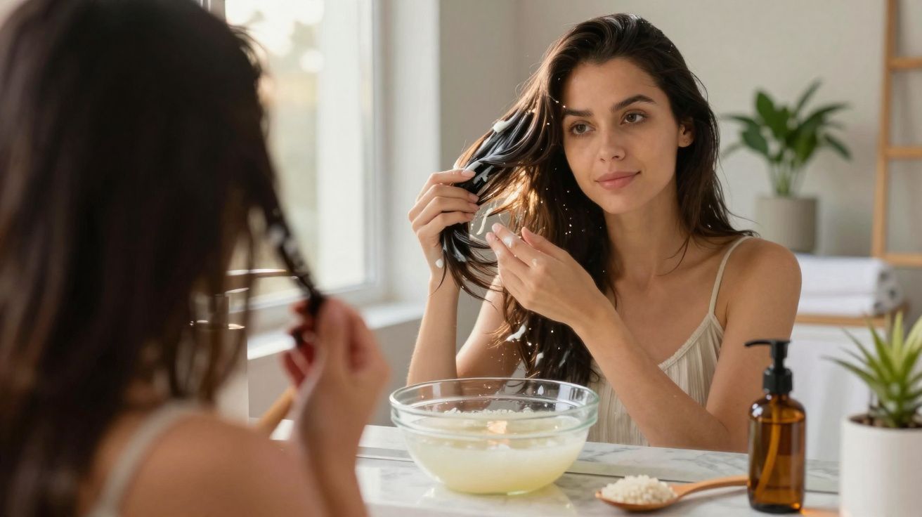 Mulher aplicando tratamento capilar com produto natural em frente ao espelho numa casa iluminada.
