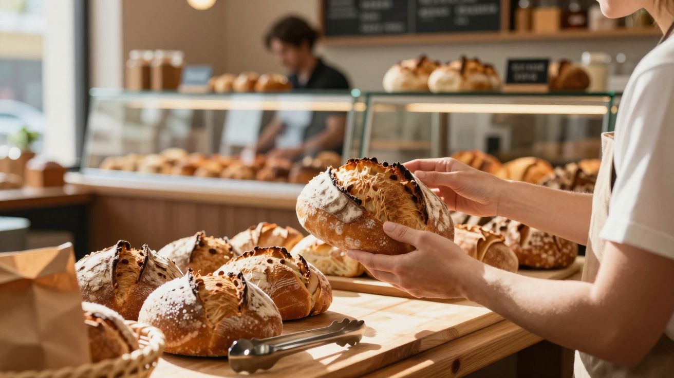 Pessoa a apanhar pão fresco numa padaria com vários pães rústicos numa bancada de madeira.