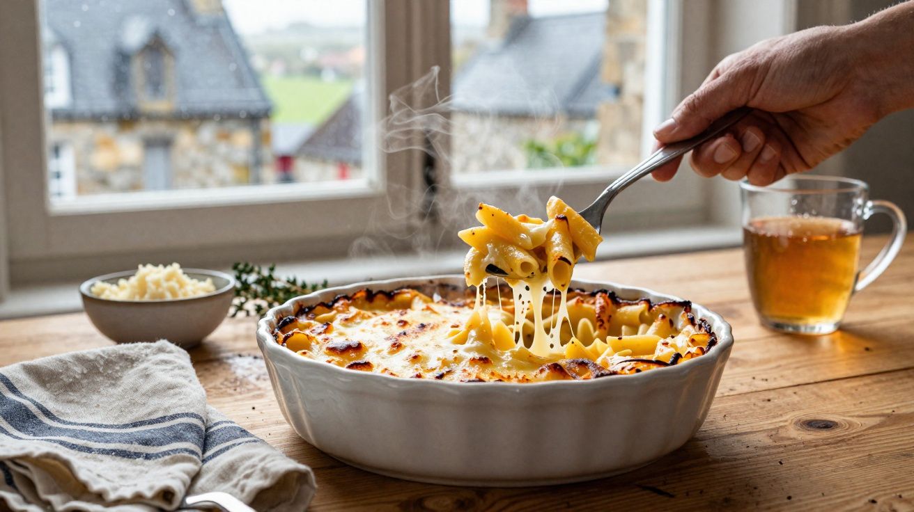 Mão a servir massa gratinada com queijo puxado numa travessa branca junto a chá e molho parmesão.