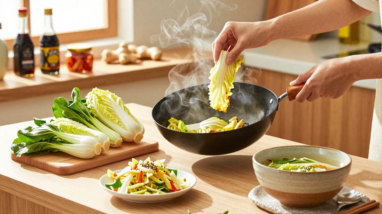 Pessoa a cozinhar legumes frescos num wok numa cozinha ensolarada com vários ingredientes à volta.