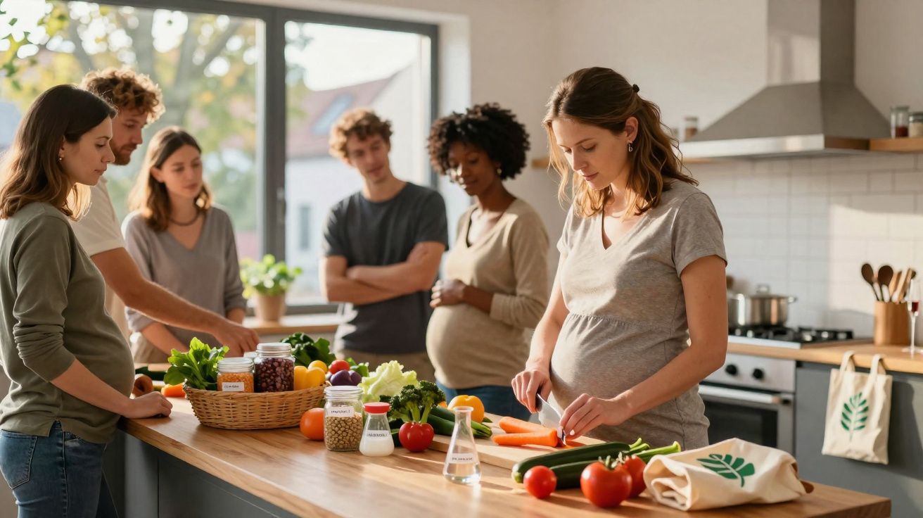 Grupo de grávidas e amigos a preparar legumes numa cozinha moderna, com luz natural pela janela.
