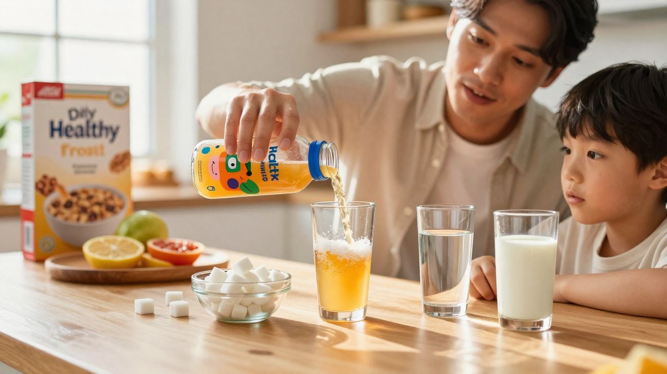 Homem a servir bebida laranja num copo enquanto criança observa, com fruta e cereais na mesa à frente.