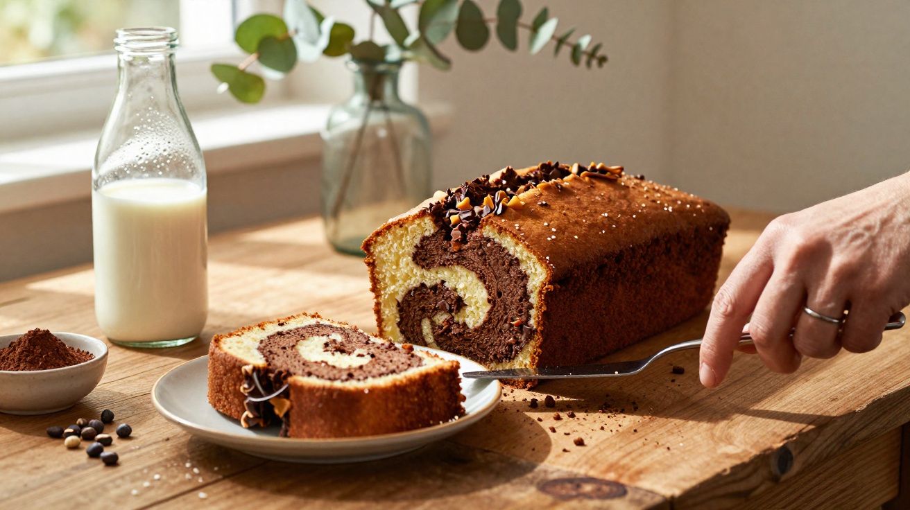 Pão de ló marmoreado de chocolate e baunilha sendo cortado, com leite e cacau numa mesa de madeira.