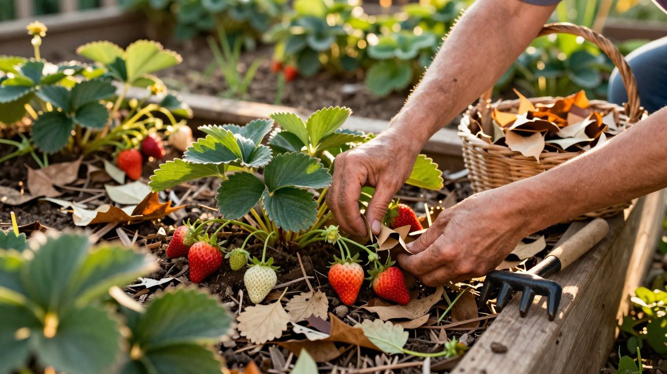 Mãos a cuidar de morangos maduros num canteiro, com folhas secas e um cesto de jardinagem ao lado.