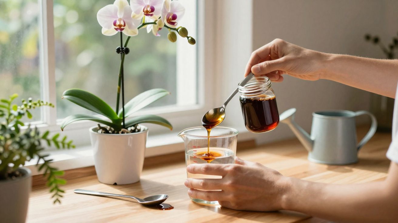 Pessoa a derramar mel com colher para um copo de água numa mesa de madeira junto a janela com flores e regador.