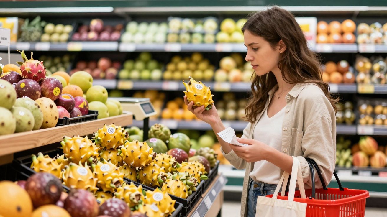 Mulher a segurar e observar um fruto do dragão amarelo num supermercado cheio de frutas.