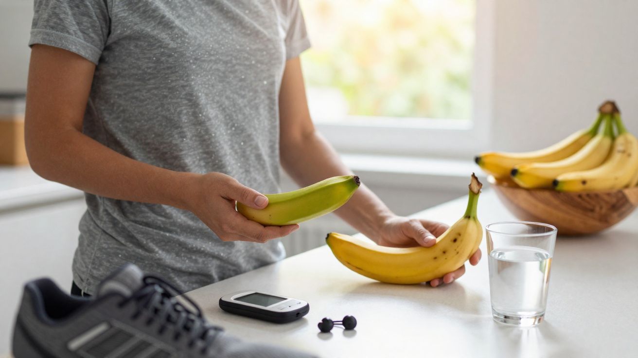 Pessoa a comparar uma banana verde e uma banana madura numa cozinha, com ténis, medidor de glicose e copo de água na bancada.