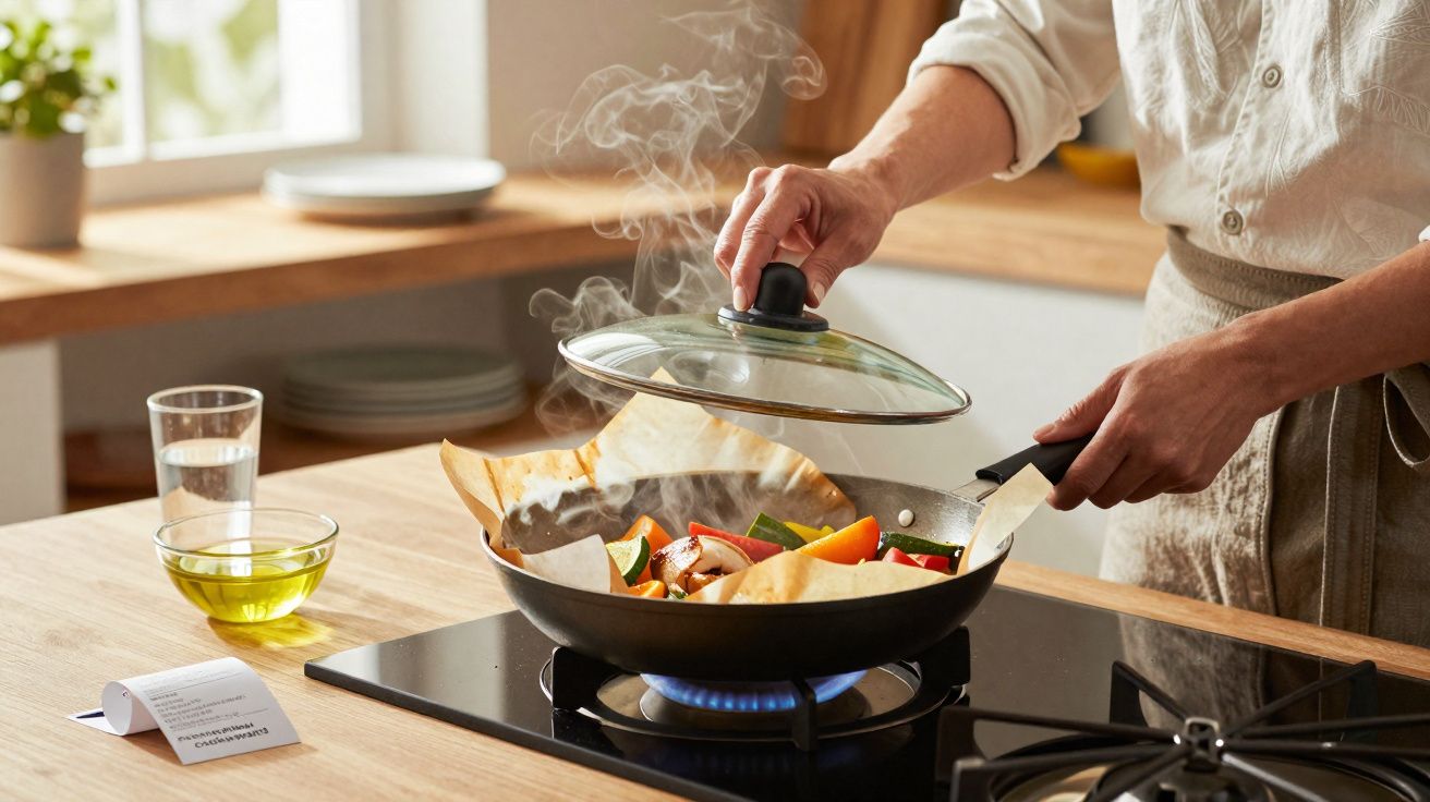 Pessoa a levantar tampa de frigideira a cozinhar legumes frescos numa cozinha moderna e luminosa.