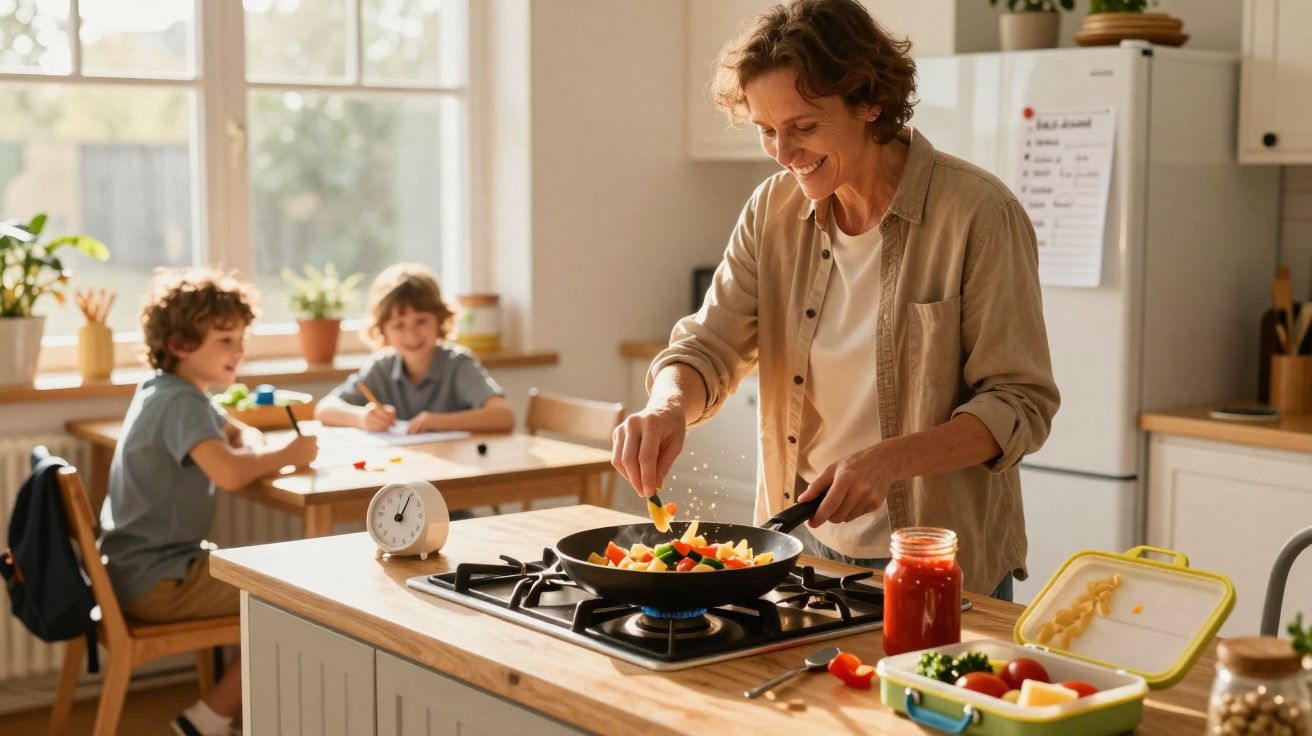 Mulher cozinha legumes numa frigideira enquanto duas crianças estudam sentadas à mesa na cozinha iluminada.