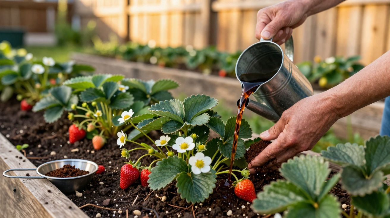 Mãos a regar planta de morango numa horta elevada, com morangos maduros e flores brancas.