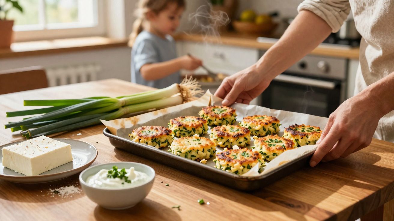 Pessoa a retirar do forno tabuleiro com bolinhos de legumes quentes, criança cozinha ao fundo.