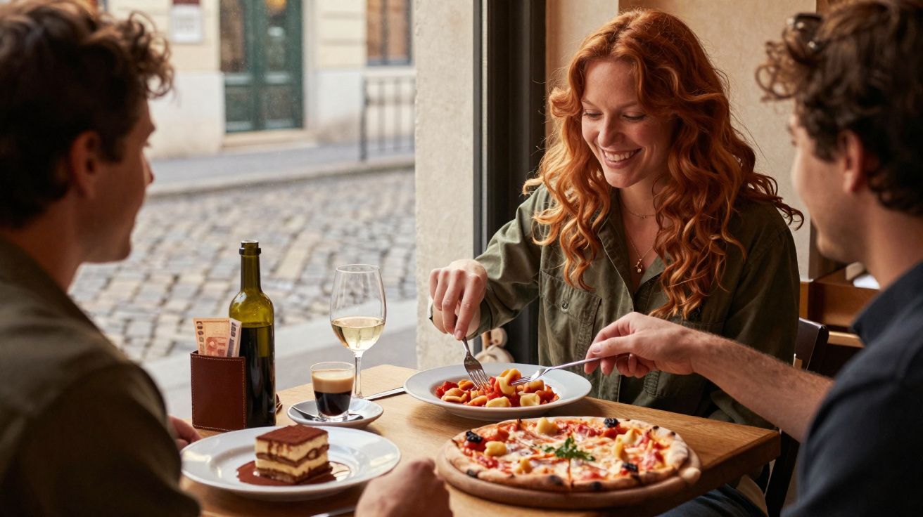 Três pessoas a almoçar numa esplanada, com prato de pizza, massa, sobremesa e vinho sobre a mesa.