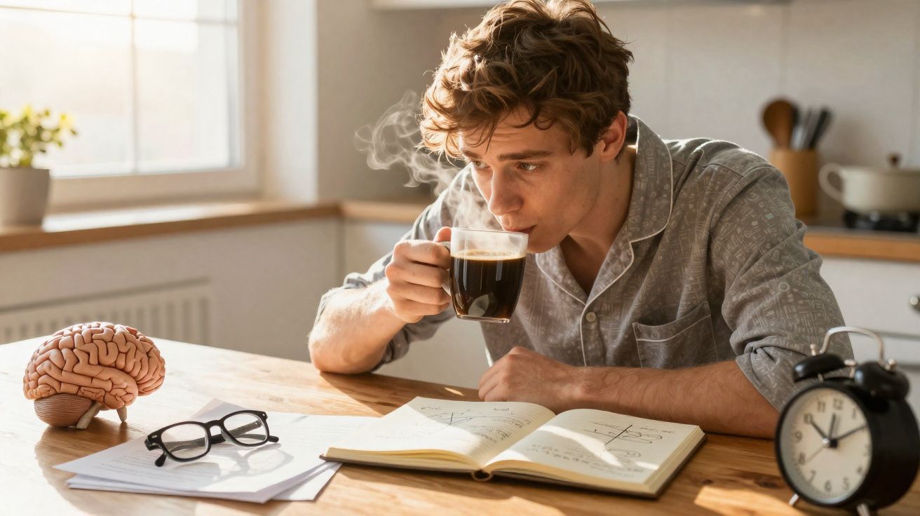 Estudante a beber café numa cozinha, com livros, óculos, relógio e modelo de cérebro na mesa.