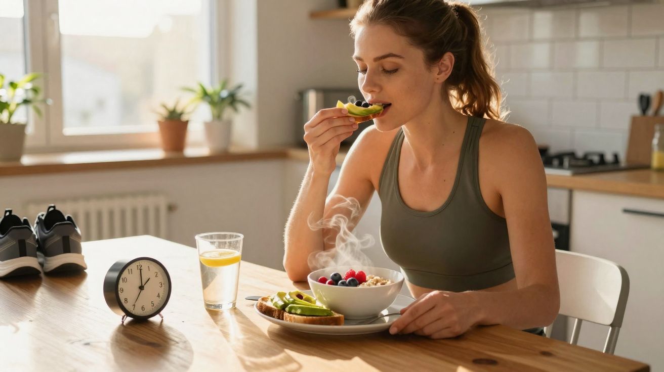 Mulher a comer pequeno-almoço saudável com fruta e torrada numa cozinha luminosa.