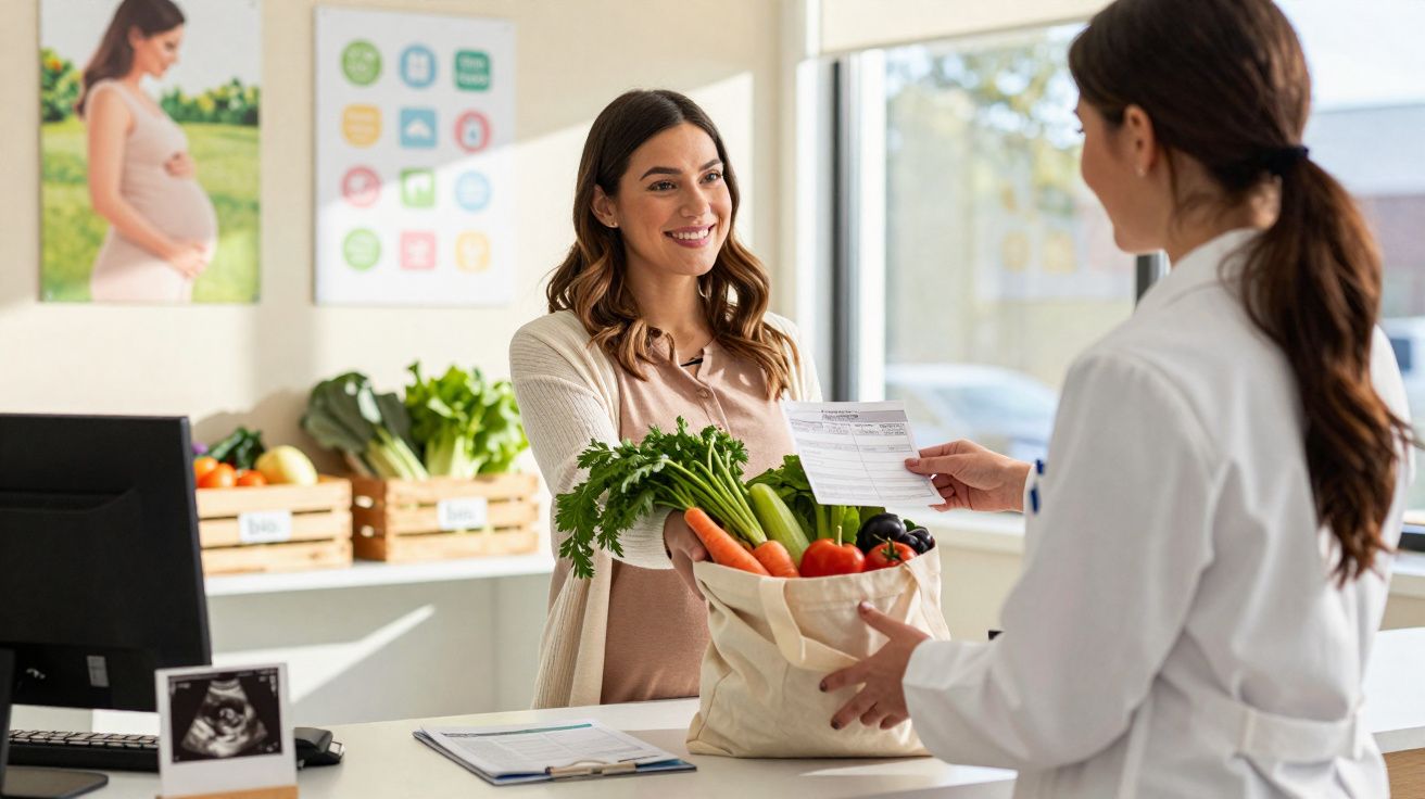 Mulher grávida a receber sacola com legumes frescos numa consulta com nutricionista num consultório.