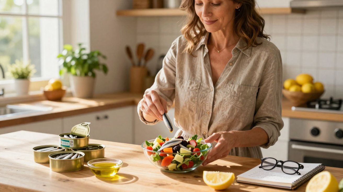 Mulher a temperar salada com azeitonas numa cozinha luminosa, com utensílios e legumes na bancada.