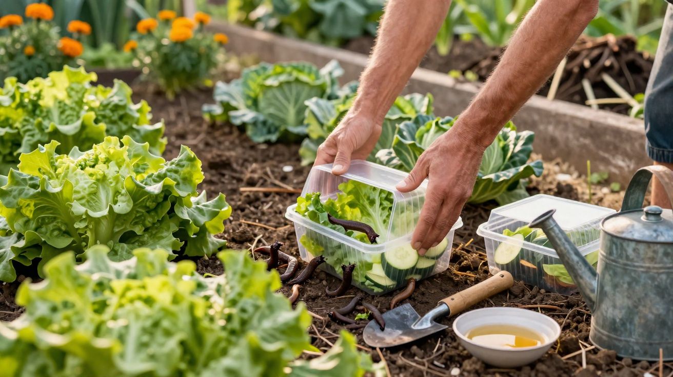 Mãos a colocar fatias de pepino em caixa plástica num jardim com alfaces e regador ao lado.