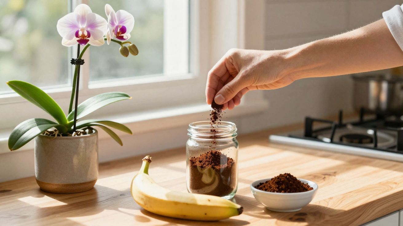 Mão a colocar café moído num frasco de vidro ao lado de banana, orquídea e fogão numa cozinha iluminada.