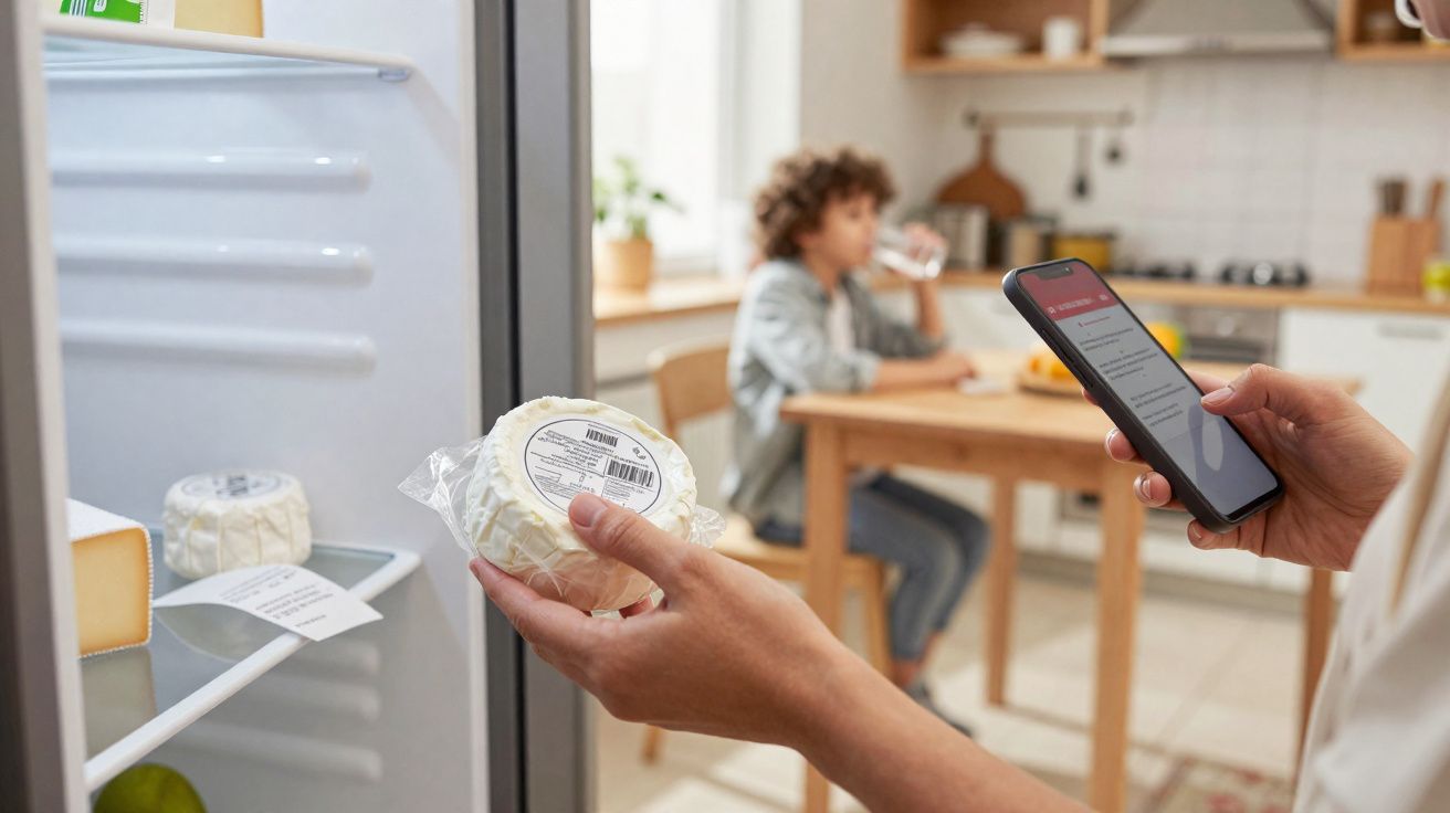 Pessoa a ler informações num telemóvel enquanto segura queijo, com criança a beber água na cozinha ao fundo.