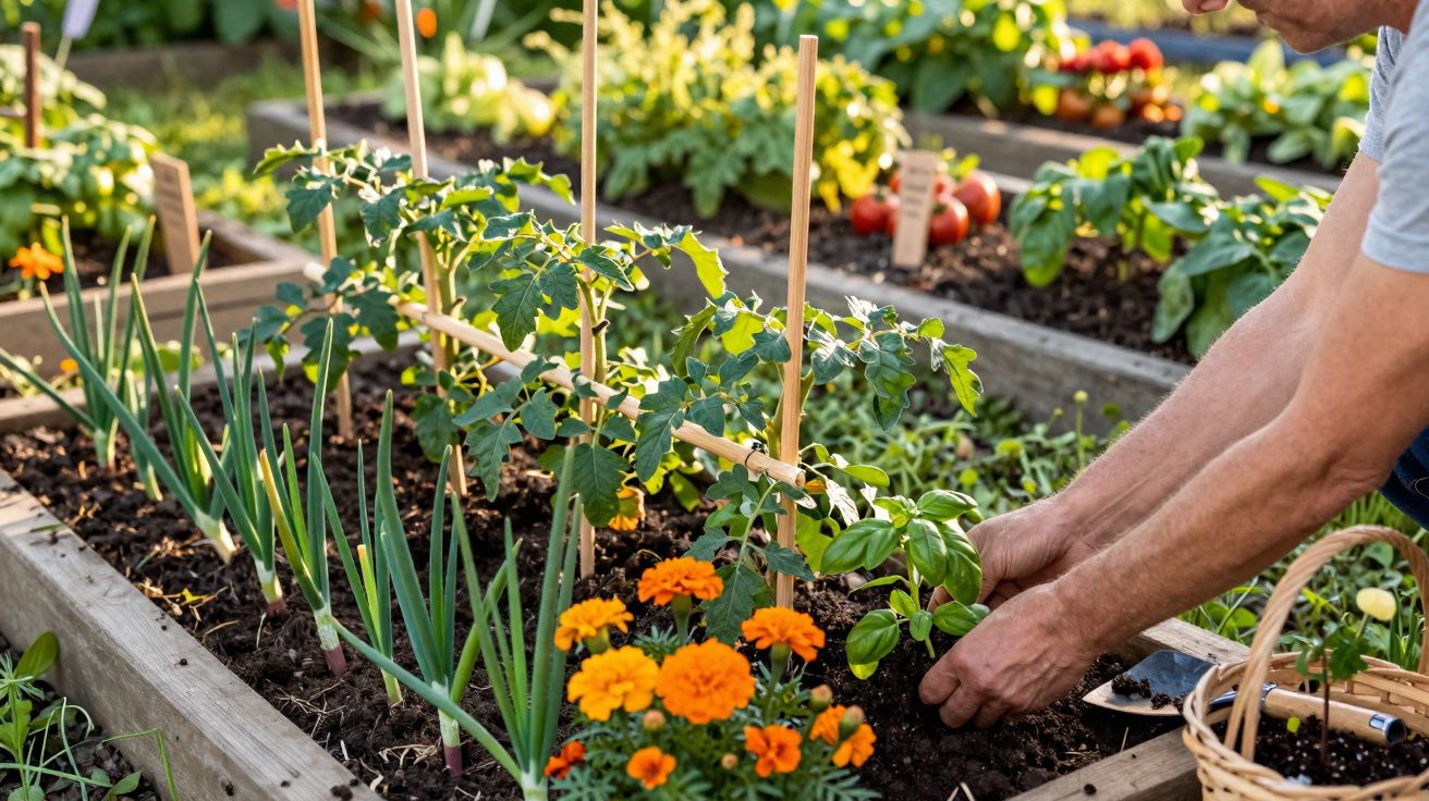 Pessoa a cuidar de plantas e flores num jardim em canteiros elevados durante o dia.