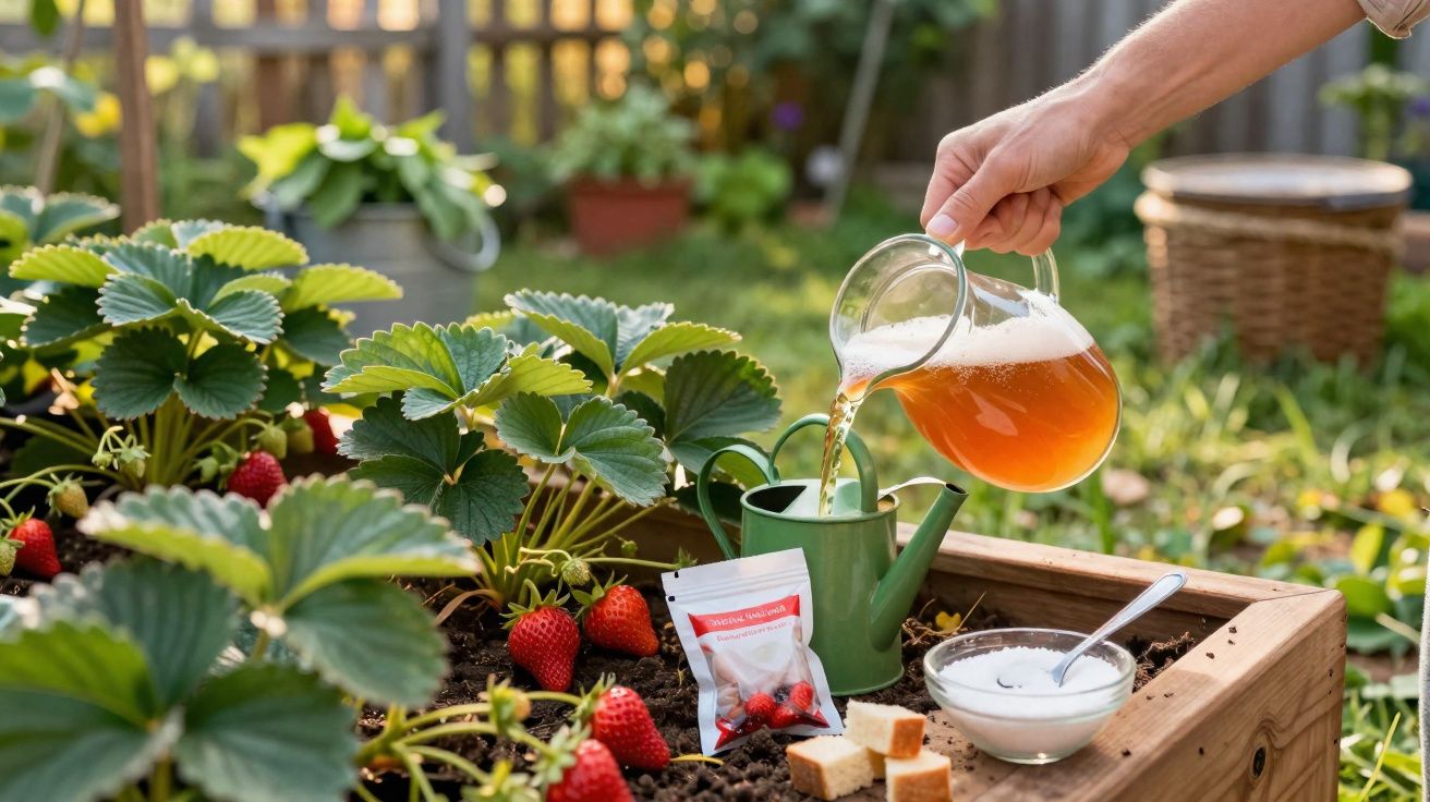 Pessoa a regar plantas de morango num jardim com jarro, açúcar e cubos de açúcar ao lado.