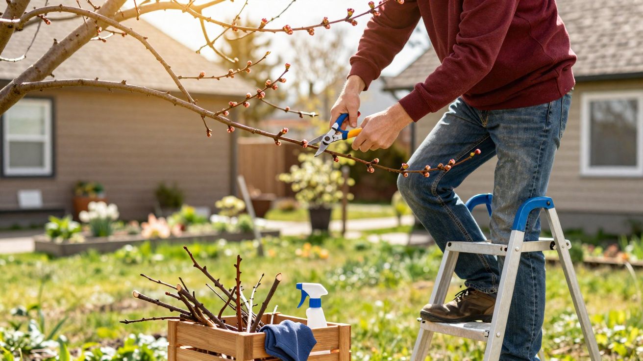 Pessoa a podar ramos de árvore em jardim com tesoura de jardinagem, usando escada.