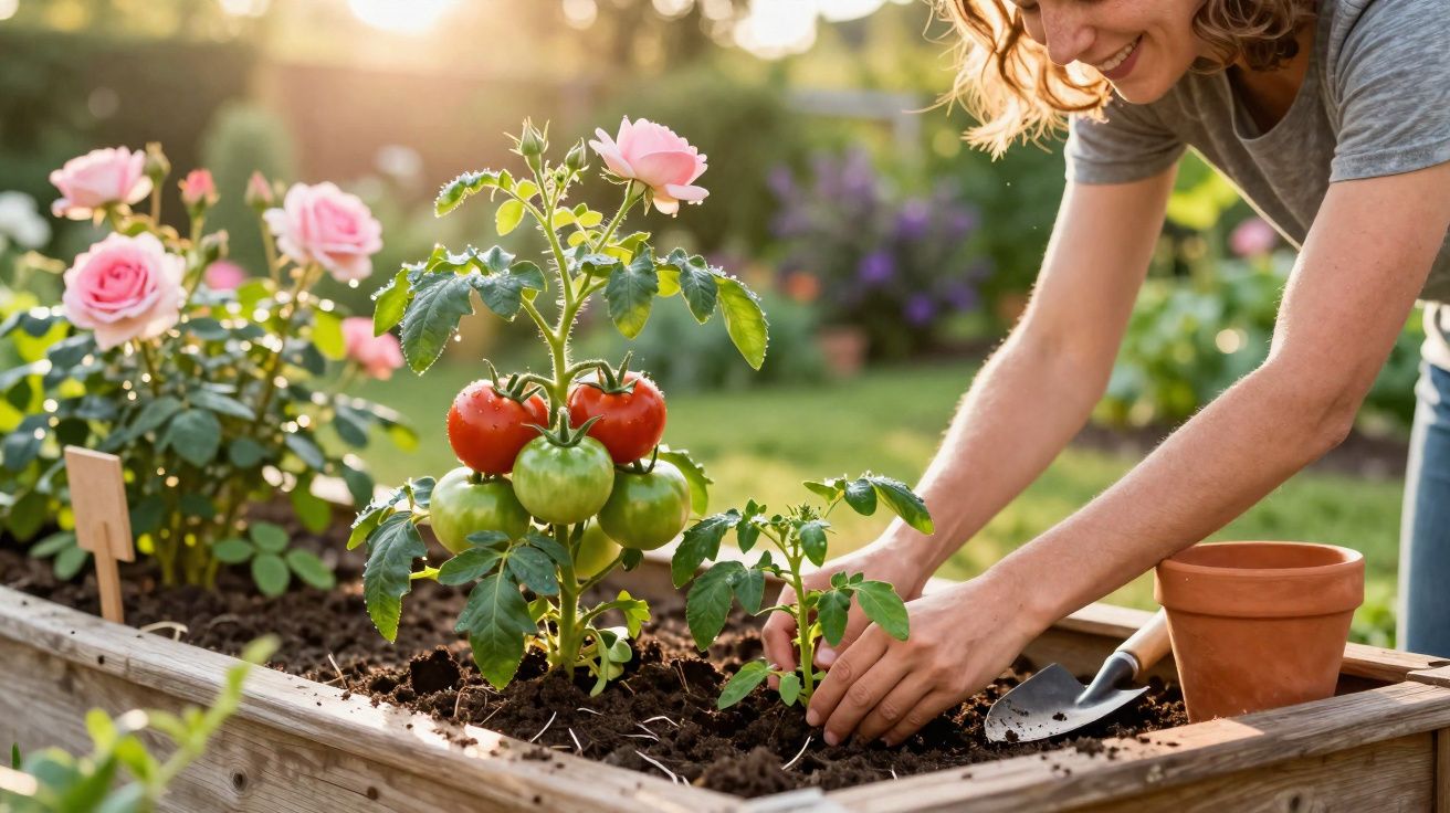 Mulher a cuidar de planta de tomilho com frutos maduros num canteiro de madeira ao ar livre.