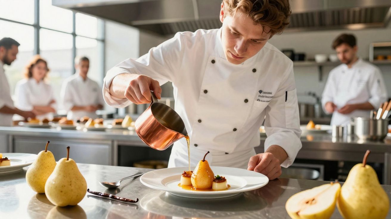 Chef a deitar molho sobre pera cozida em prato, cozinha profissional com mais chefs ao fundo.