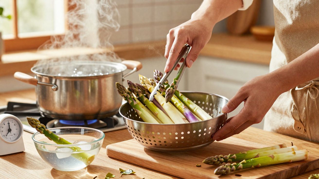 Pessoa a preparar espargos brancos e verdes num coador na cozinha com uma panela de água a ferver ao fundo.