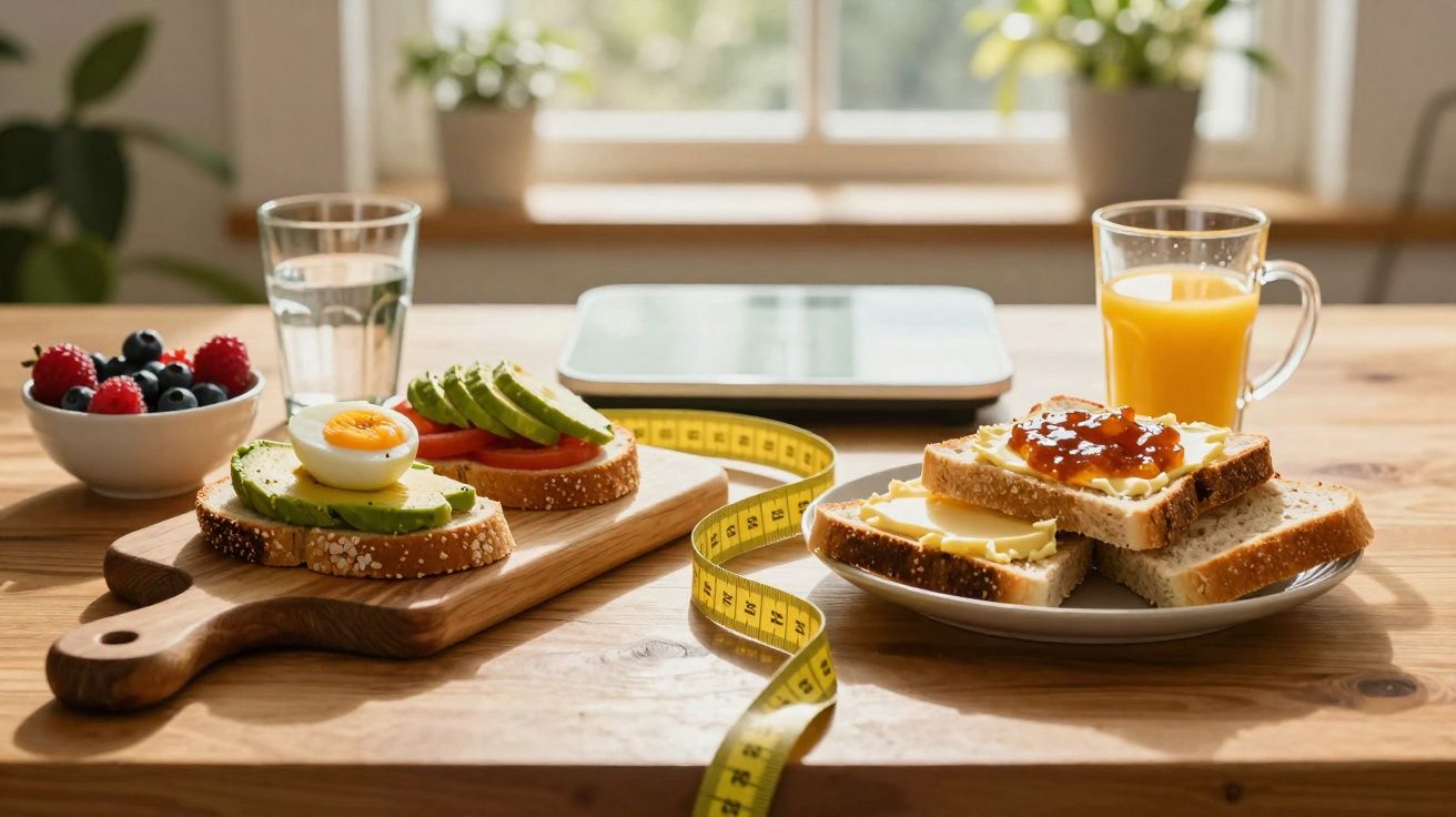 Pequeno-almoço saudável com tostas, fruta, sumo de laranja, água e fita métrica numa mesa de madeira.