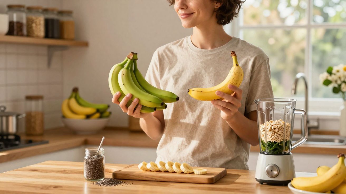 Pessoa numa cozinha a segurar bananas verdes e maduras junto a liquidificador com ingredientes para batido.