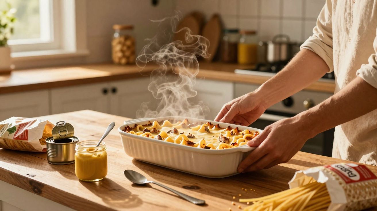 Pessoa a retirar lasanha fumegante de forno numa cozinha com luz natural e massa sobre a mesa.