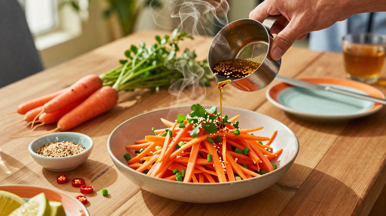 Mãos a verter molho quente numa salada de tiras de cenoura com sementes e coentros numa mesa de madeira.