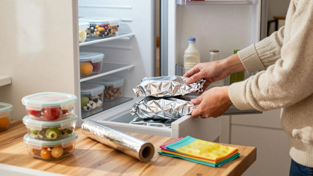 Pessoa a guardar alimentos envoltos em papel de alumínio no frigorífico, com recipientes transparentes na bancada.
