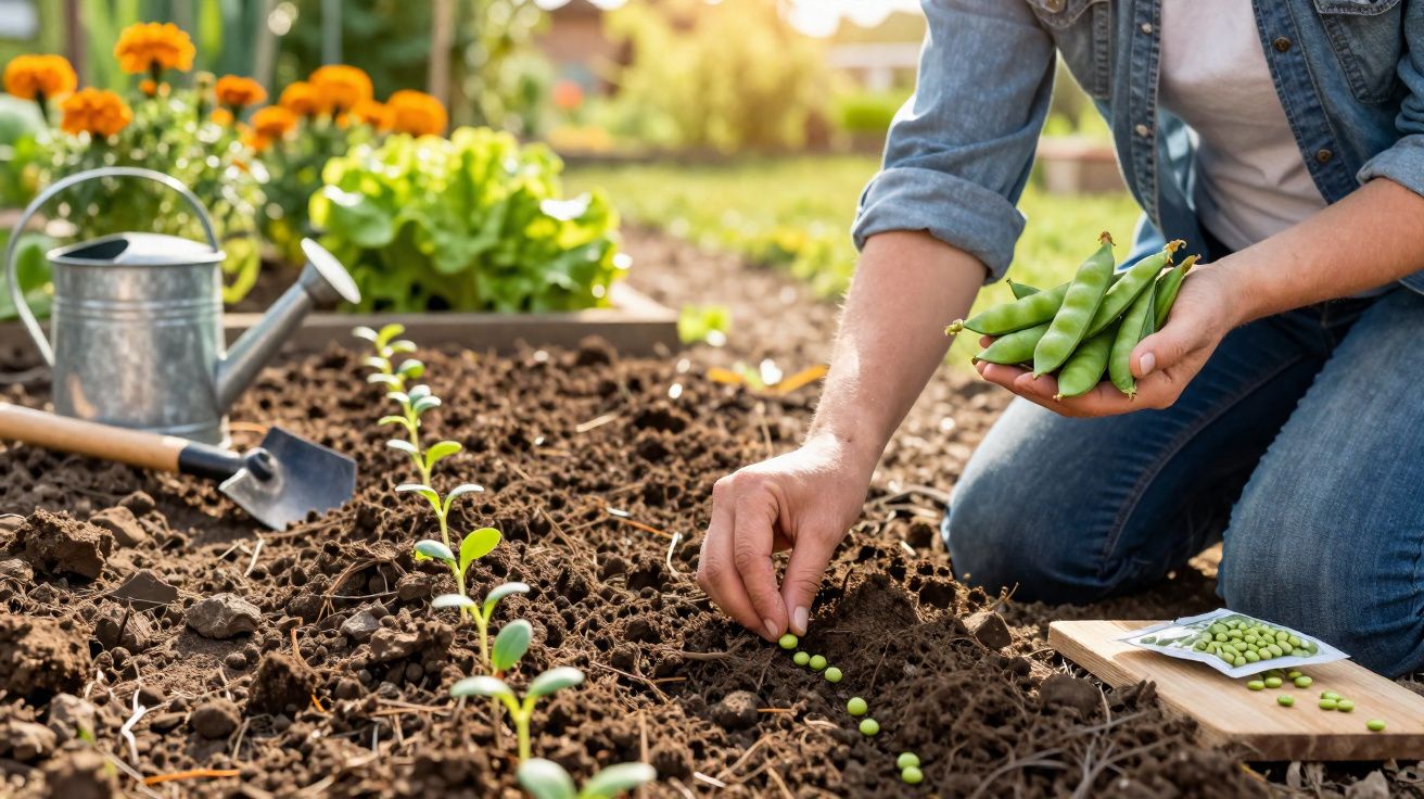 Pessoa a semear sementes de ervilhas em terreno de horta, com regador e flores ao fundo.